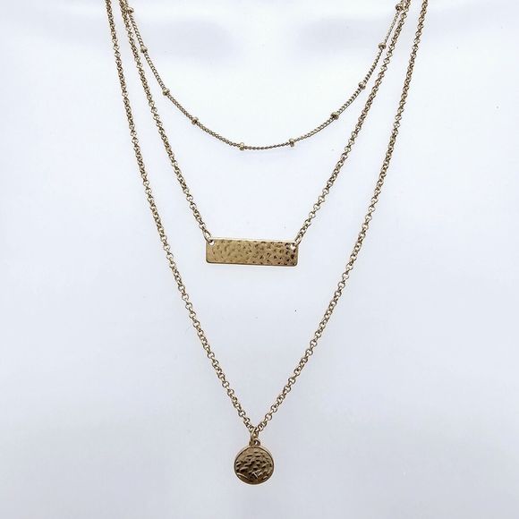 Bancroft Layered Necklace Gold Tone Hammered Pendants Triple Strand Draping - Picture 5 of 9